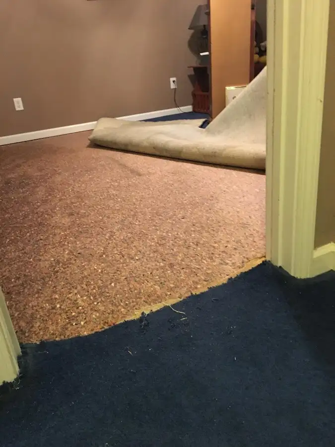 Carpet pad removal revealing water damage during Water Mitigation Services in The Dalles